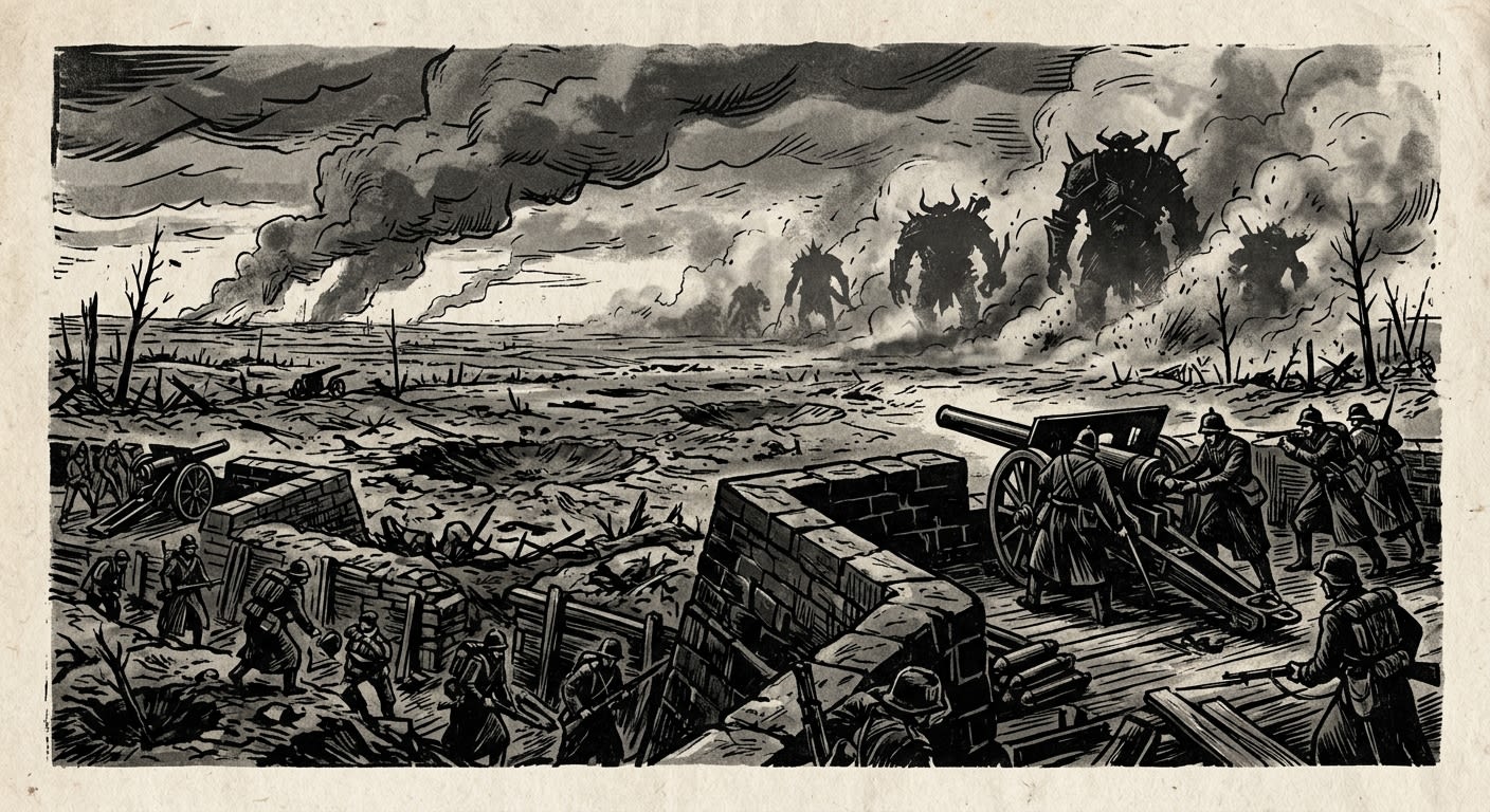 A bold woodcut of the Thracian Plain looking north from the Ravelin of Vigilance — ash-churned earth, trenchwork, artillery positions, and enormous demonic silhouettes advancing through smoke in the far distance.