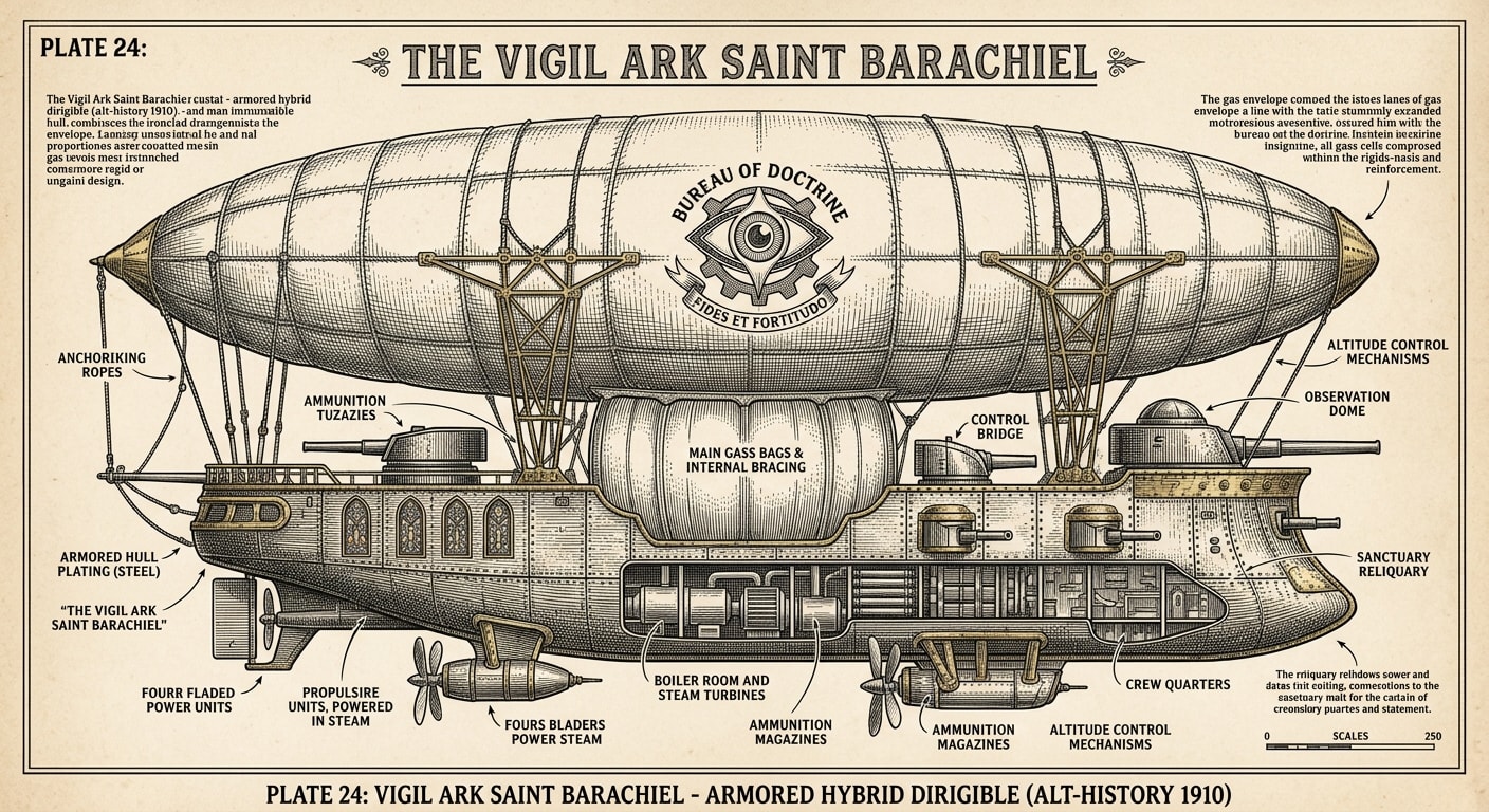 Victorian cutaway engraving of the Vigil Ark Saint Barachiel: an armored airship with an ironclad hull beneath a rigid gas envelope, brass fittings, reliquary windows and cannon ports.