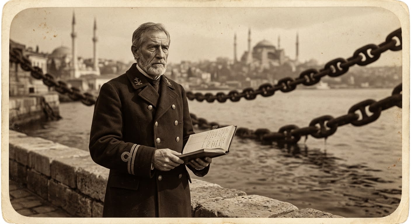 A sepia-toned Victorian portrait photograph of an aged harbor official standing at a stone quay wall, dormant iron chains behind him crossing the Bosphorus, an open inspection ledger in his hands.