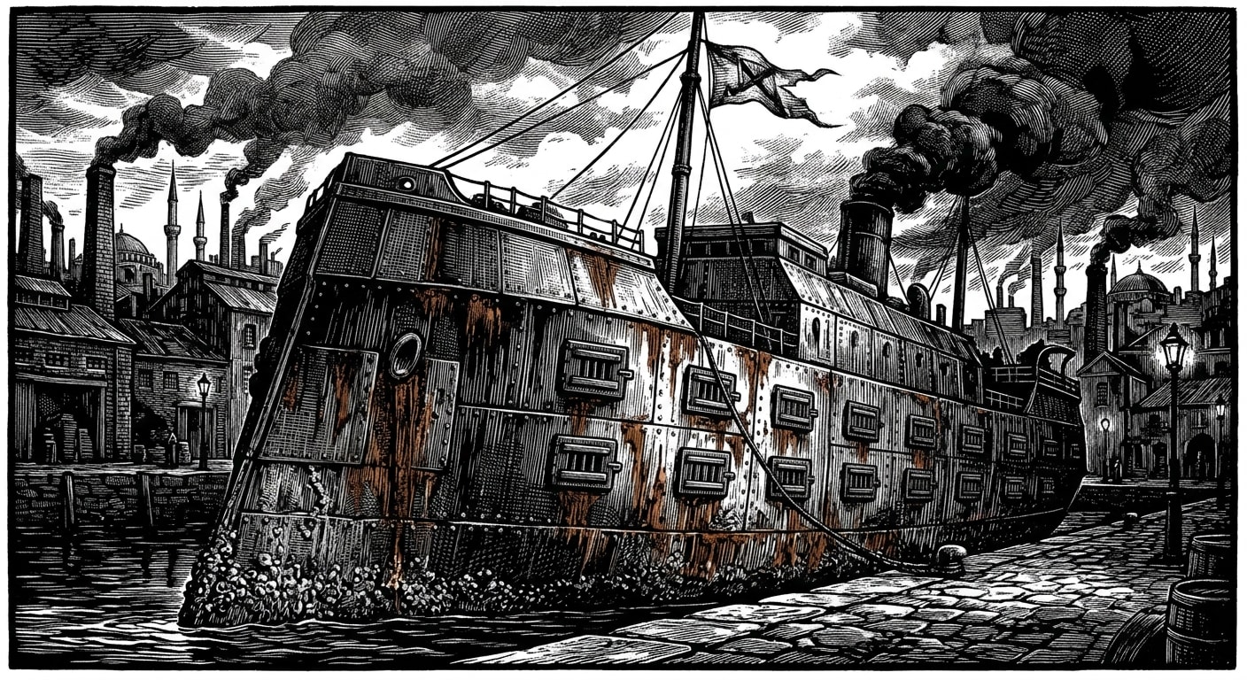 Dark woodcut of the Catacomb-Carrier Threnody at a Foundry Quarter pier: an armored vessel with sealed hatches, rust and barnacles, flying a Bureau of Records pennant.