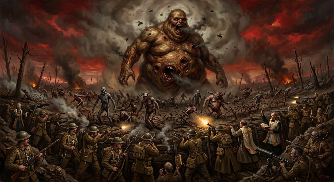 Oil painting of Kargath looming over the Sagittal Line as demons surge toward trenches held by Synod soldiers and priests.