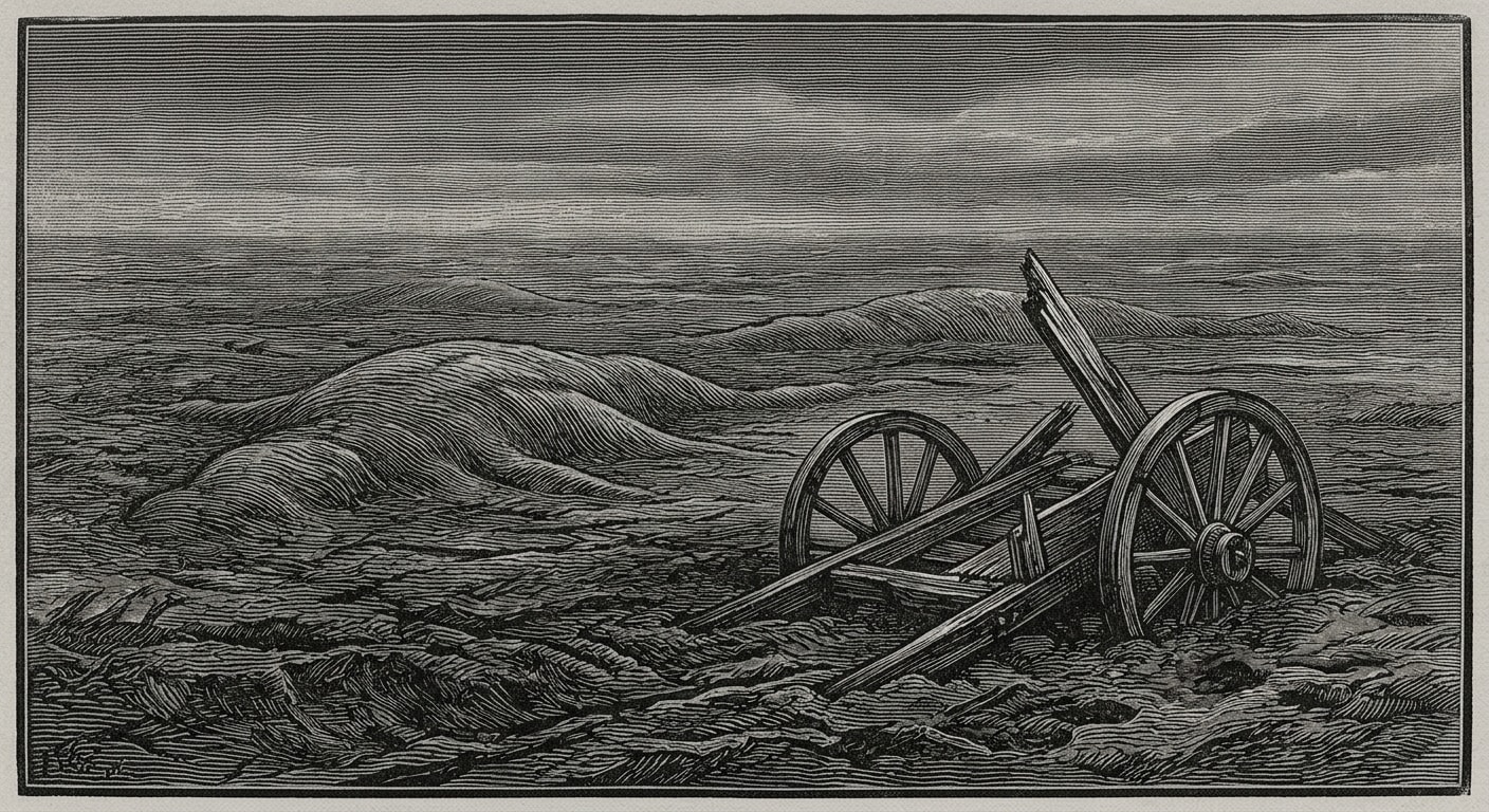 Woodcut engraving: the Blightmarsh — vast grey mud plains stretching to the horizon, shapes moving beneath the surface, a single broken wagon half-submerged. No sky visible; the clouds are the same grey as the mud.