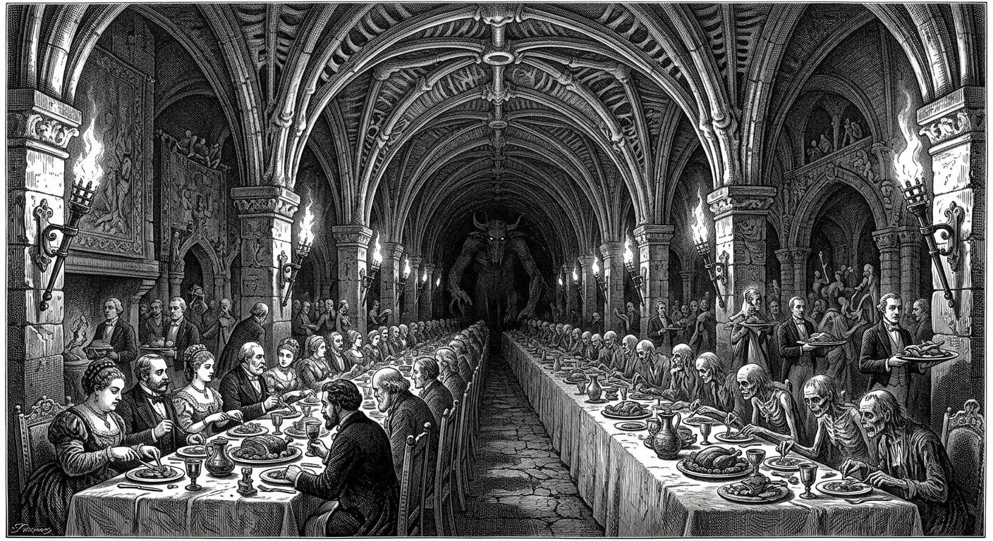 Victorian engraving of an endless feast hall where diners grow thinner toward the far end of the table and a vast figure waits at its head.