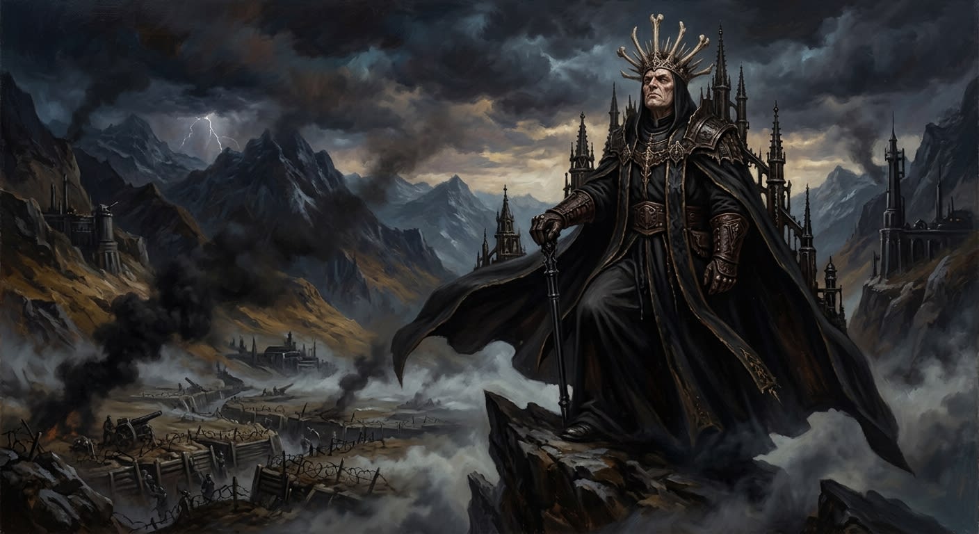 Atheron the Exalted stands atop the highest Carpathian peak, black iron spires rising around him