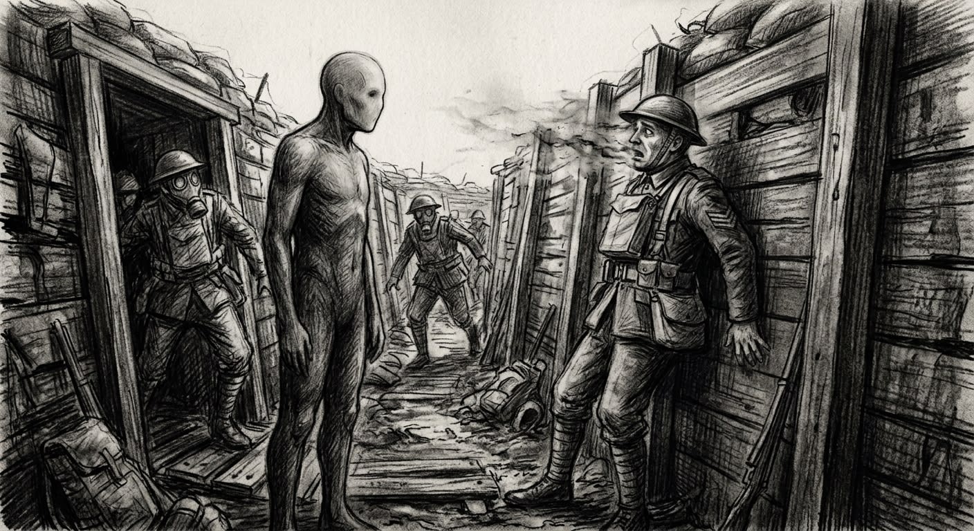 A Hollow One — featureless humanoid absorbing a soldier's identity in a WWI trench