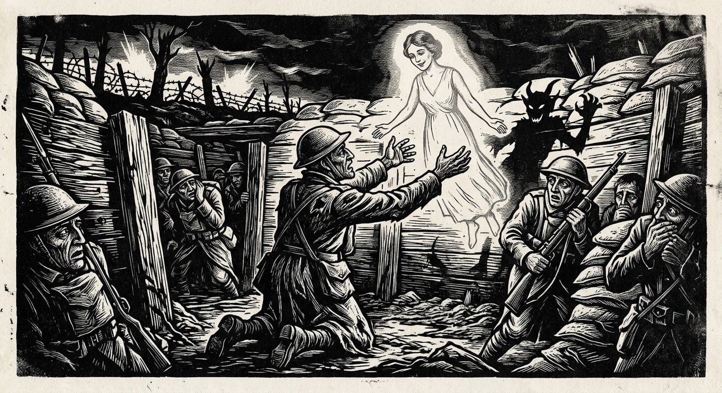 A Beloved demon wearing the face of a dead loved one approaches a kneeling soldier in a trench at night