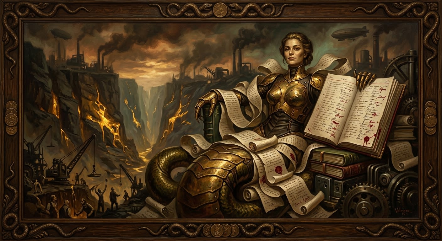 Velmora the Covetous Serpent, Sin-General of Greed, draped in golden contracts before the Gilded Chasm