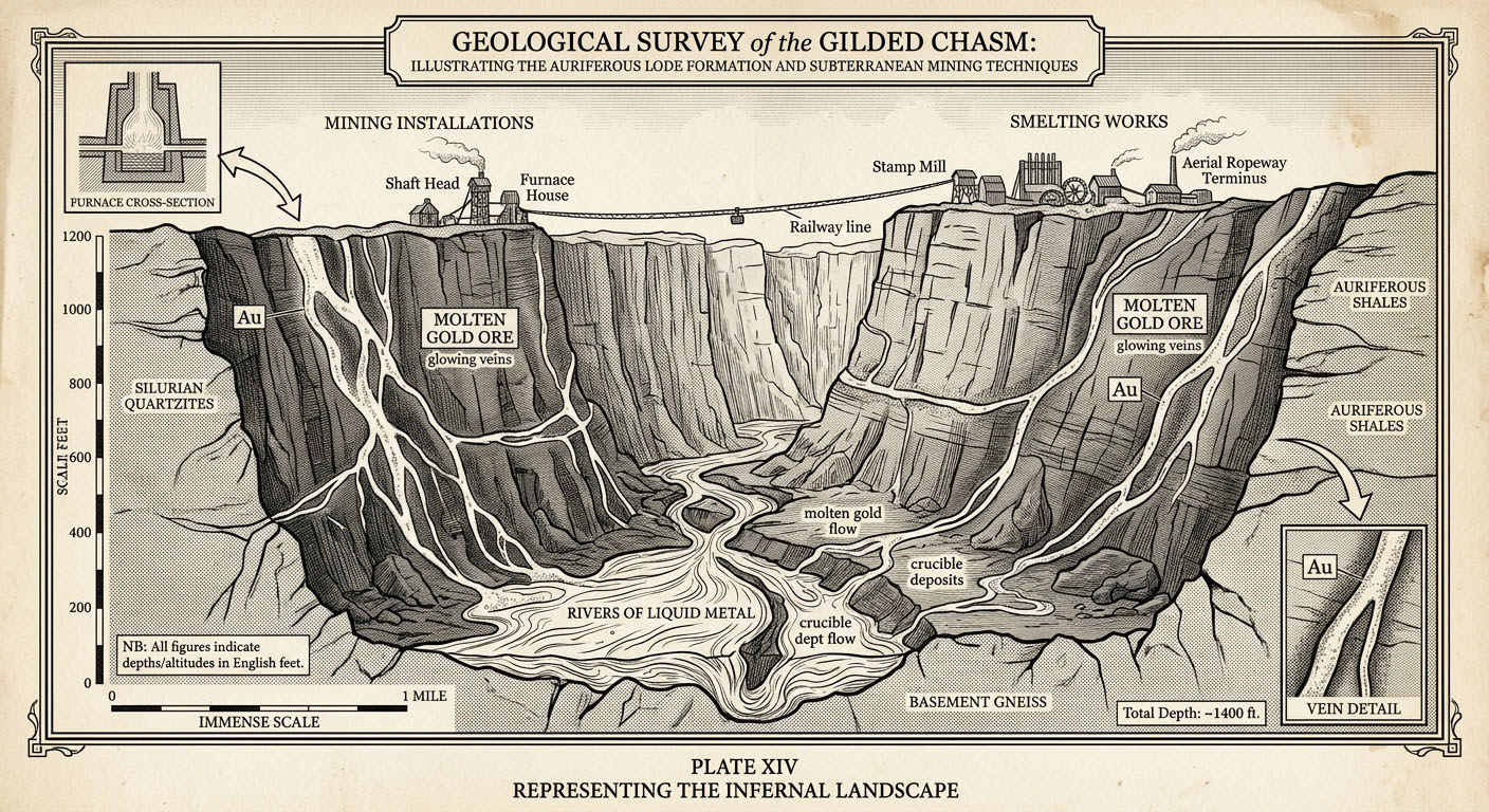 The Gilded Chasm, vast canyon with walls threaded by veins of molten gold ore