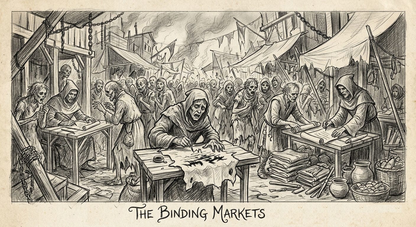 The Binding Markets, open-air exchange where parchment contracts are signed in period dress