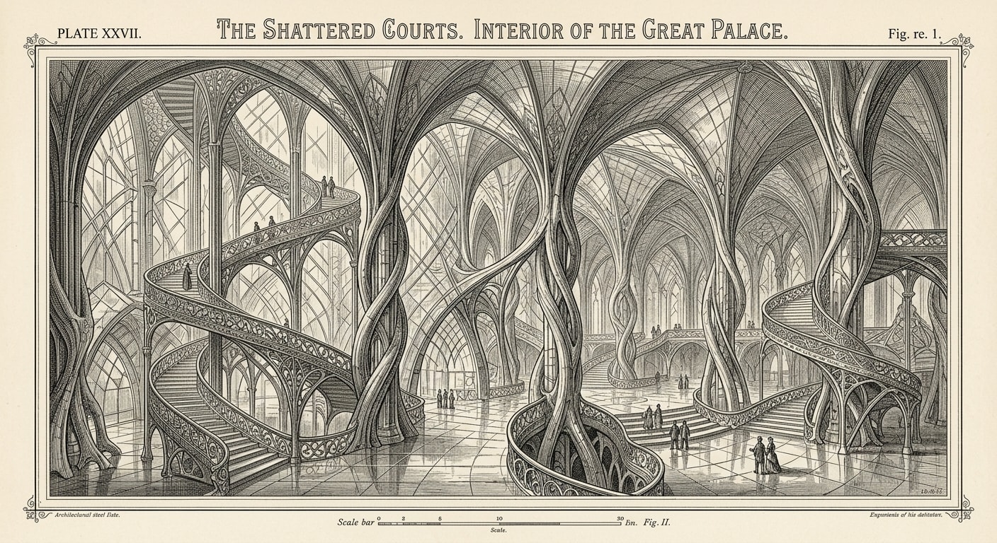 Steel engraving architectural plate of the Shattered Courts — a vast palace interior with Art Nouveau columns twisting like vines, iridescent glass ceilings, spiral staircases ascending into obscurity, tiny period-dress figures at great distance.