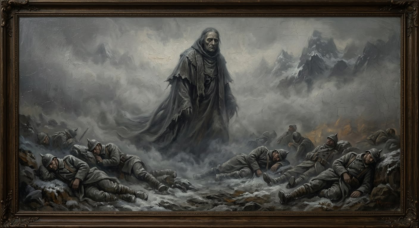 Oil painting of Syrion, Sin-General of Sloth — a vast spectral figure in torn Victorian robes, half-submerged in grey fog, with frozen WWI-era soldiers scattered unconscious at his feet, his expression one of bottomless indifferent patience.