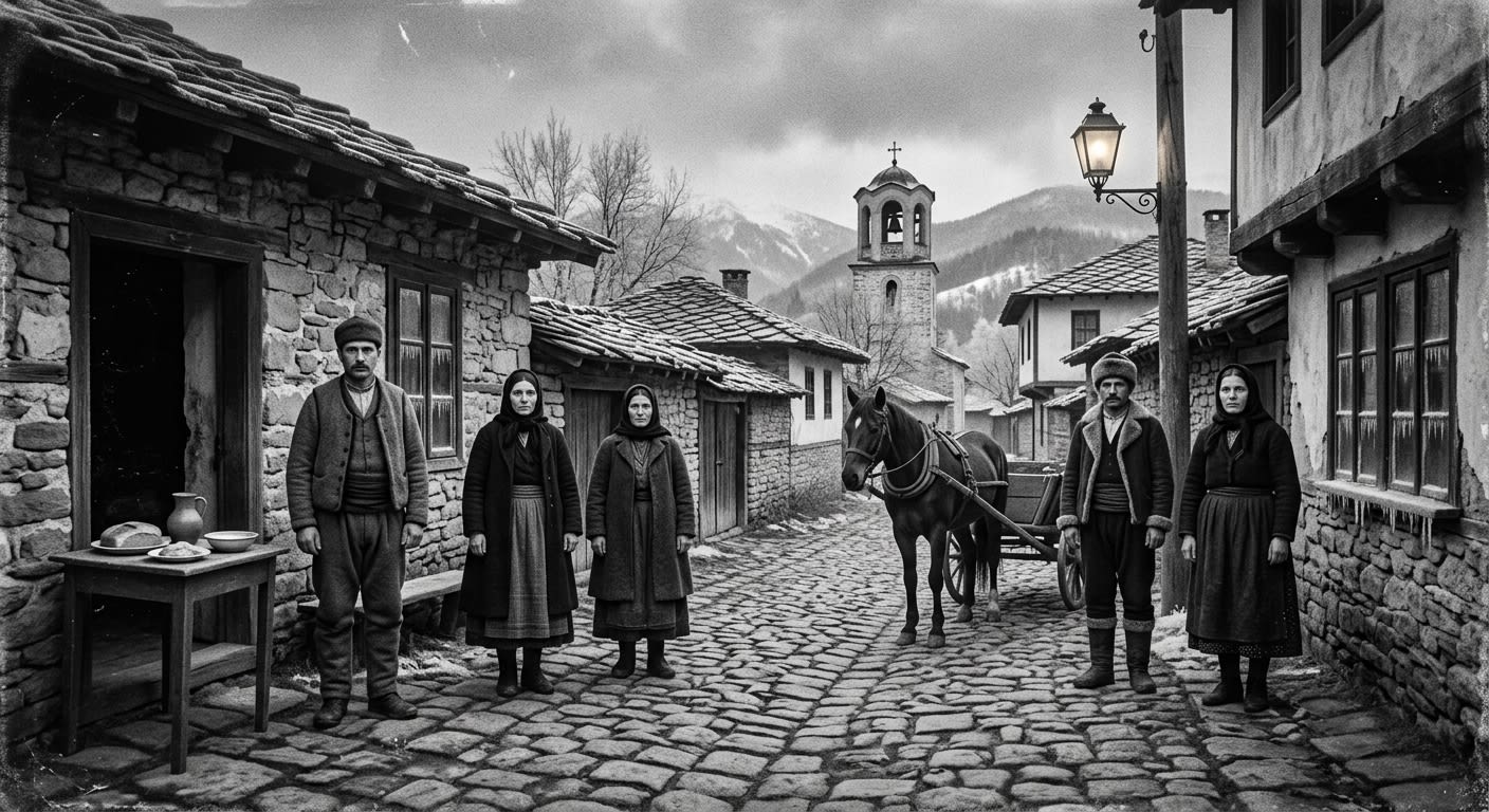 Archival 1900s photograph of a Bulgarian village street where six inhabitants stand motionless in Edwardian civilian dress, eyes open and vacant, a frozen cart horse behind them, plates of food untouched in a doorway, frost on everything.