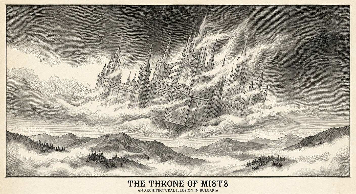 Steel engraving of the Throne of Mists — a glass palace with Art Nouveau spires dissolving into fog, floating above Bulgarian mountain ranges, its walls translucent and uncertain, the whole structure slightly tilted and unanchored.