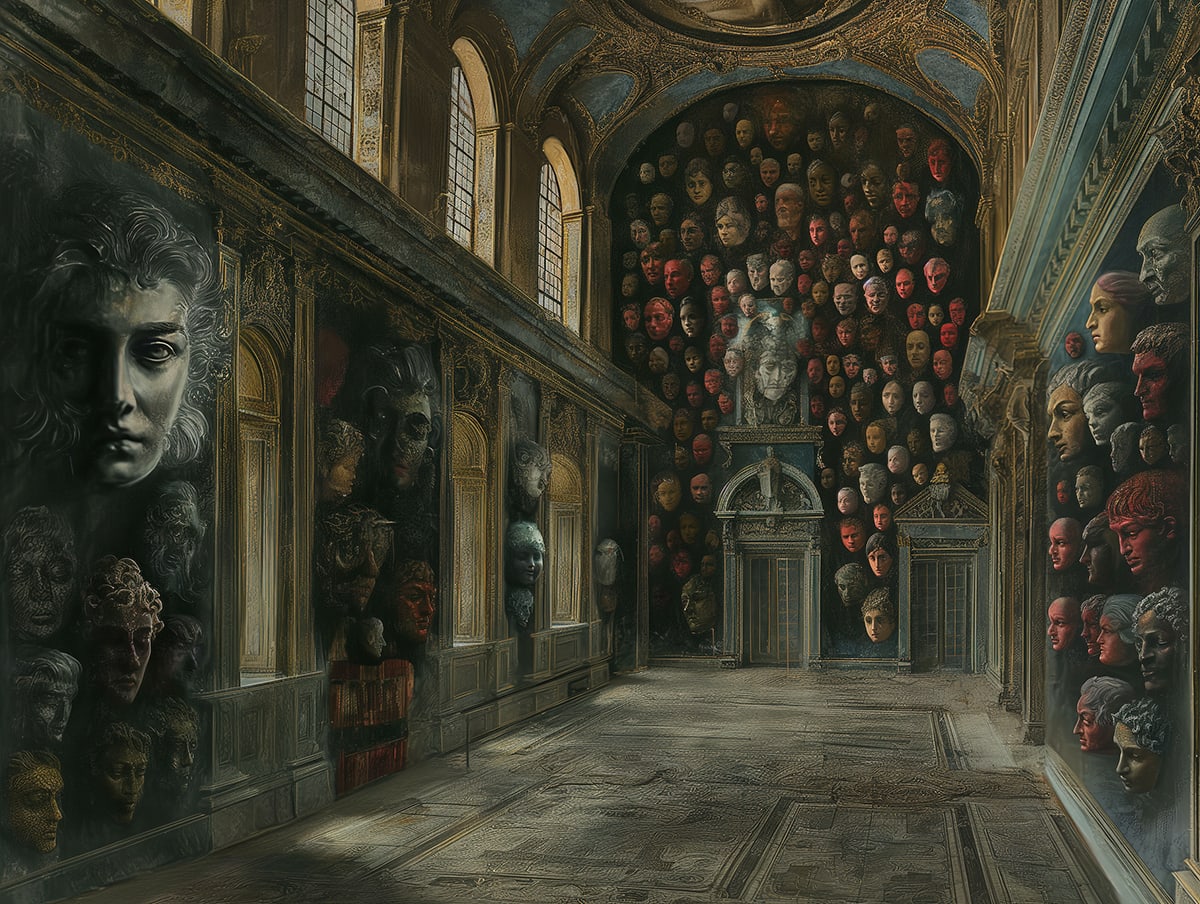 Oil painting of a Trophy Hall — gas-lit gallery interior, walls lined with rows of preserved faces and no bodies, a figure in period dress regarding them in silence.