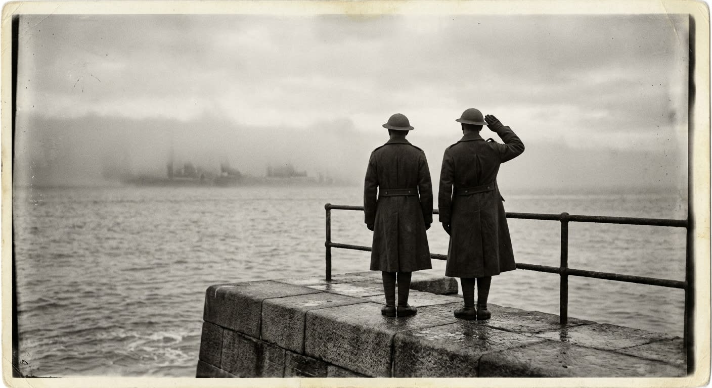 Two soldiers on the Sea Wall rampart, one saluting the empty fog offshore
