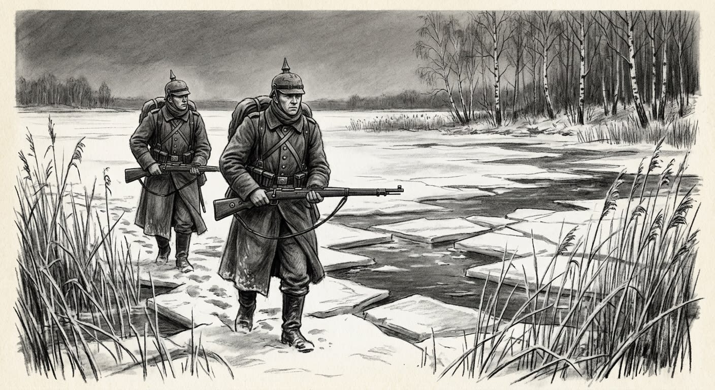 Masurian Watchers navigating frozen lake channels through reed-beds, carrying carbines