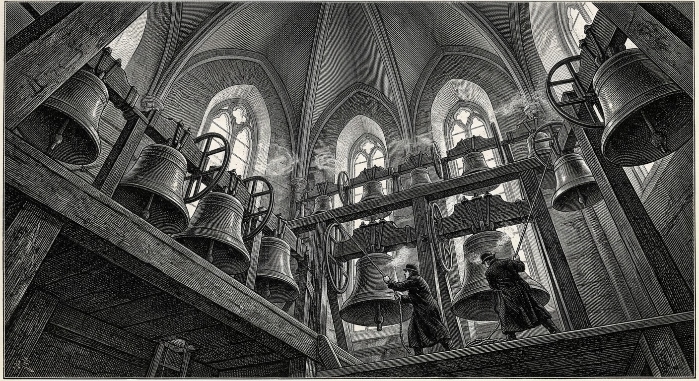 Interior of the Northern Carillon belfry — rows of bronze bells hanging above bell-ringers in black ecclesiastical coats