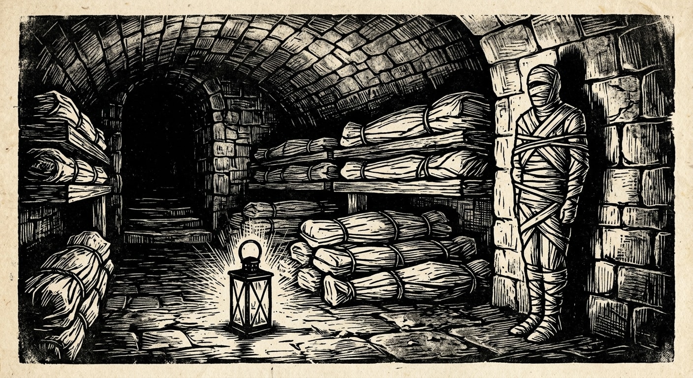 A stone underground vault with wrapped burial shrouds — one figure standing upright against the wall, face turned toward the corner