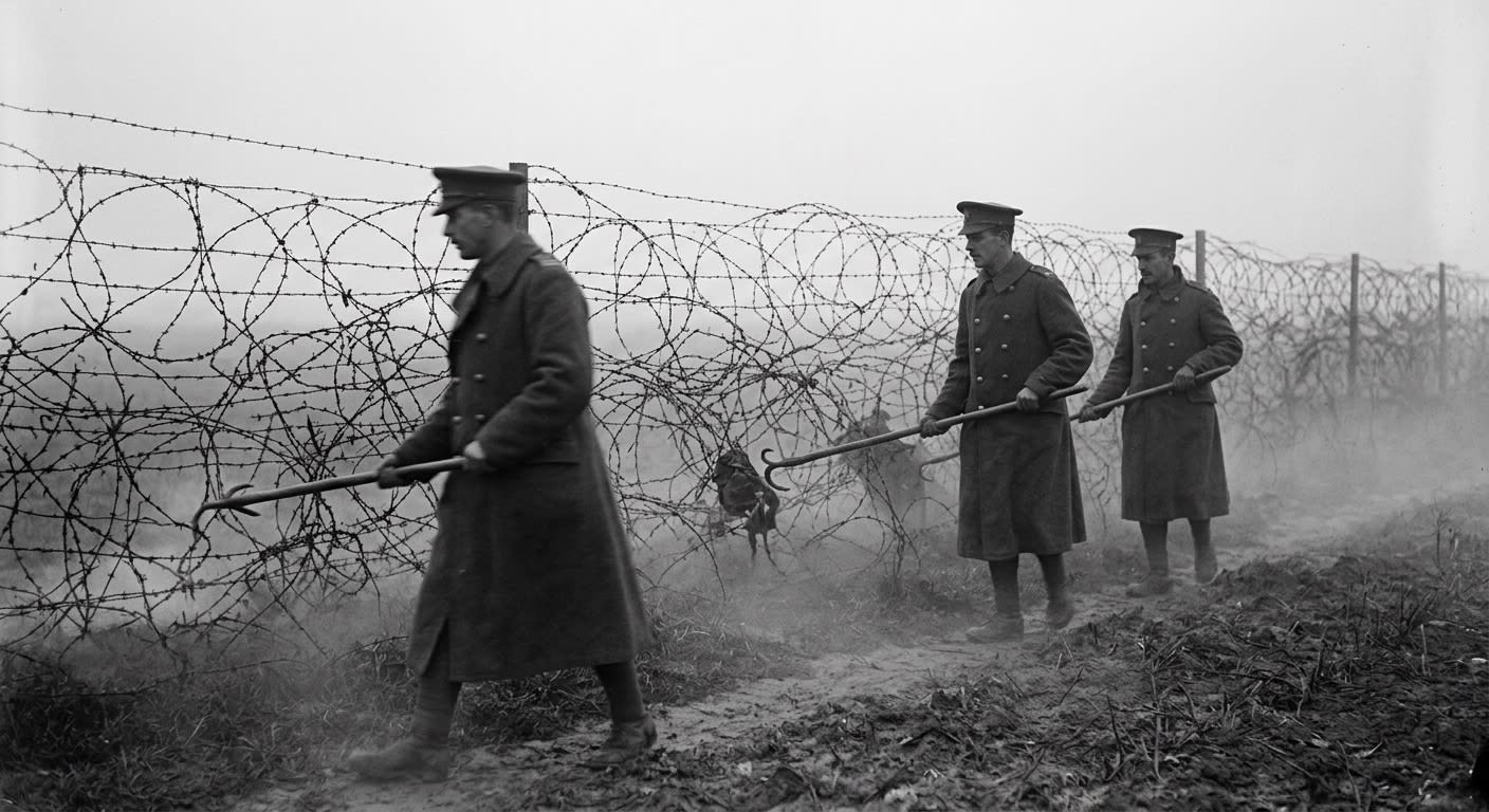Documentary photograph of provost officers in WWI greatcoats walking the Wire Orchard at dawn, carrying hooked poles along the barbed-wire fence in morning mist.