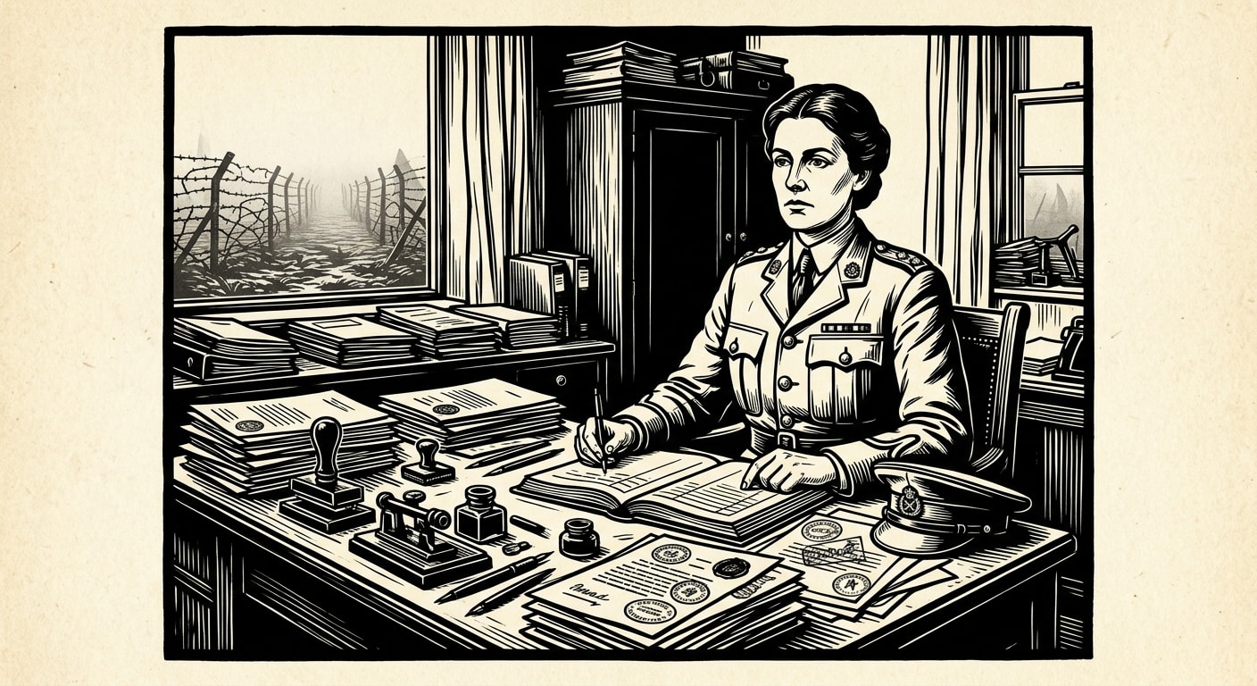 Woodcut portrait of Provost-Marshal Vanna Rook at her desk buried under stamped dossiers and ledgers, the Wire Orchard visible through the window behind her, a stamp press at her right hand.