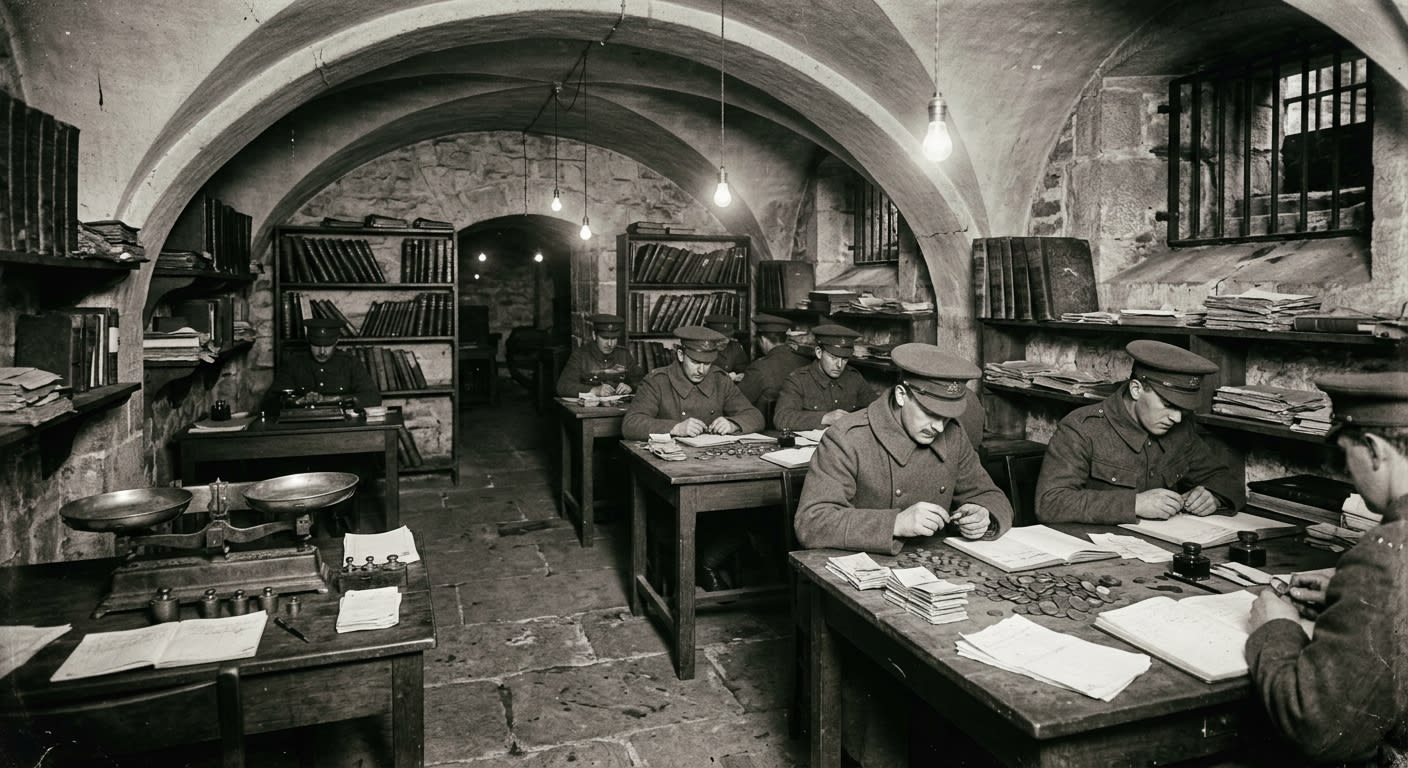 Period photograph of the Assay Chamber interior — clerks in military greatcoats examine coins and scrip at long stone tables under bare electric bulbs, ledger stacks filling the shelves, a brass weighing scale in the foreground.