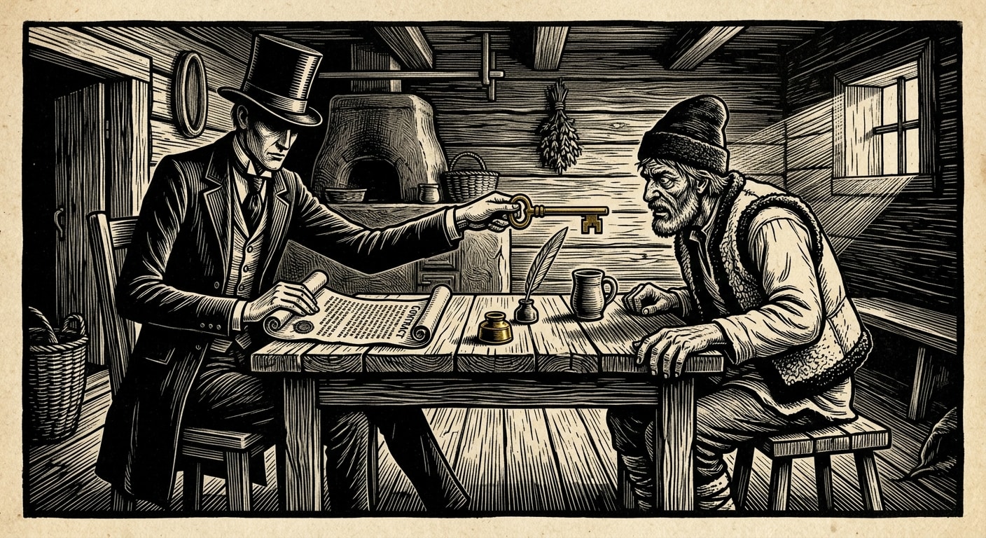Woodcut of a Ten Thousand Keys Debt-Binder — a too-tall figure in Victorian frock coat and top hat offering a large brass key and open contract to a desperate highland farmer across a rough table, inkwell and quill between them.