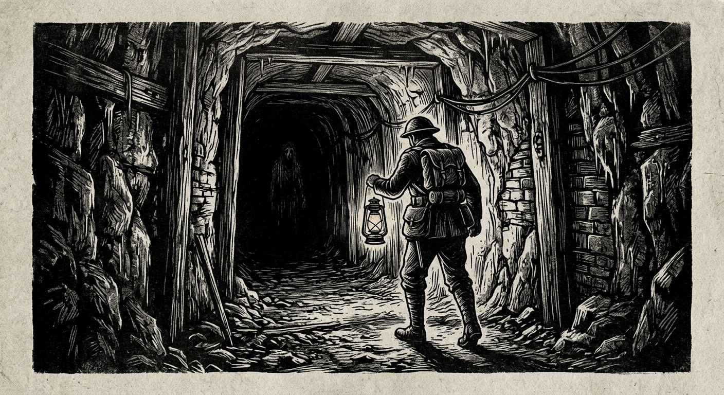 The Dead Gallery — a narrow tunnel extending into darkness, a soldier's lantern barely reaching the bend, a distant figure standing where no one should be