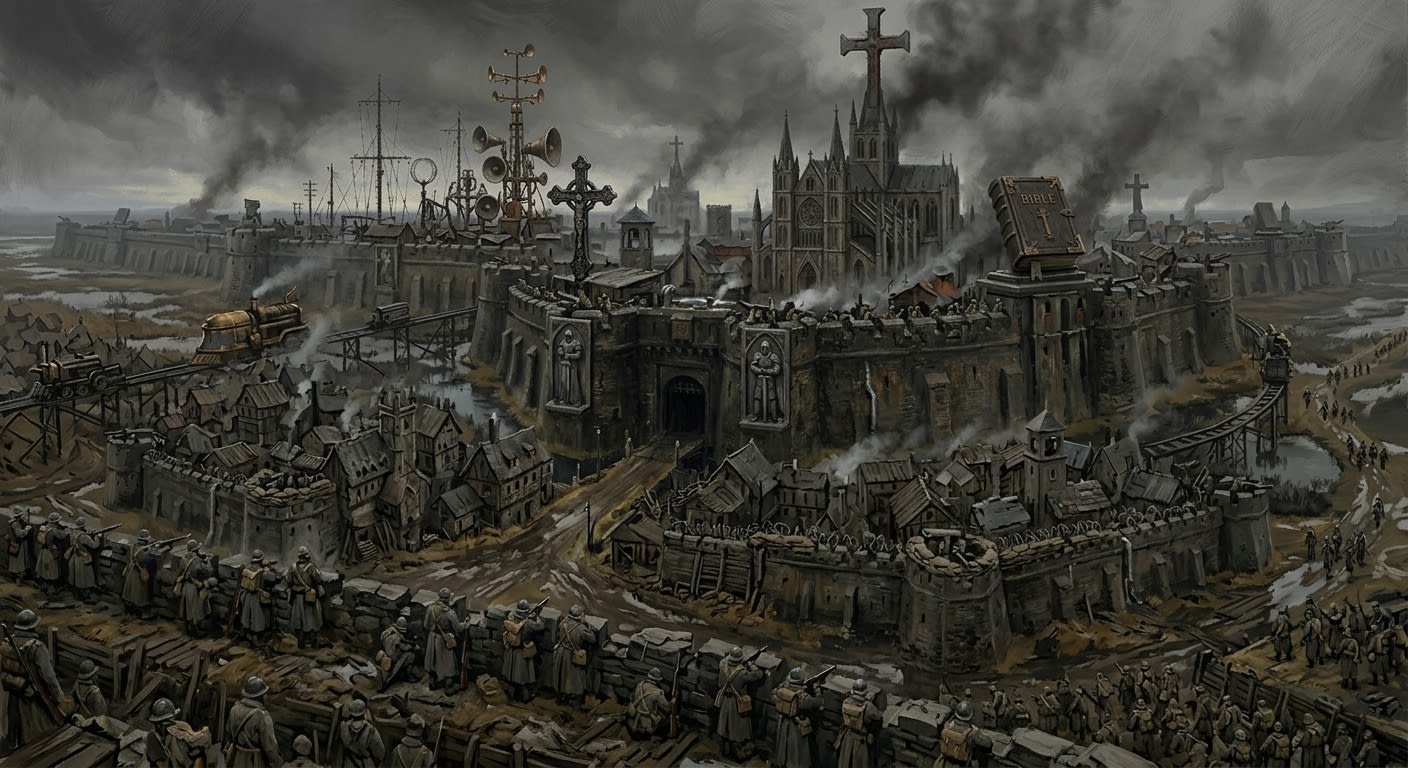 Bastion-Shipka from the ridge — low marsh fortress, reed road embankment driving east into Syrion's fog
