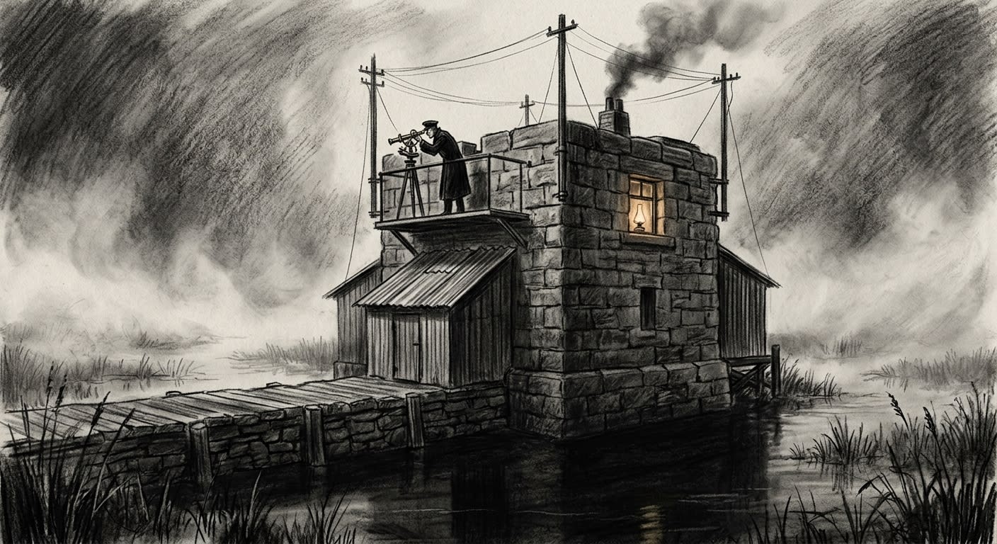 Station Two blockhouse on a marsh causeway, telegraph masts, Adept at drag-gauge instruments