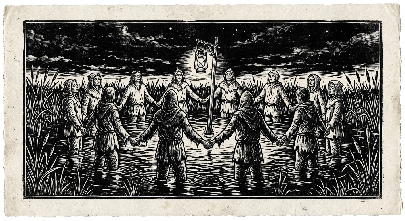 Somnolent Communion circle — villagers standing waist-deep in marsh water, hands linked, eyes open