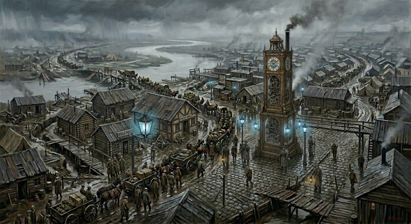 Aerial oil painting of Latchford Permit-Yards, a sprawling trench-town along a muddy ford with a three-mile wagon queue and the Master Gate Clock tower rising at center