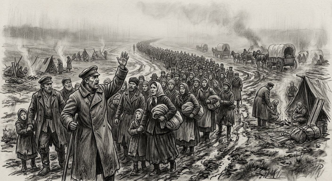 Charcoal drawing of the Long Queue at Latchford, thousands of WWI-era civilians in mud with camped families and a Queue Shepherd leading a chant