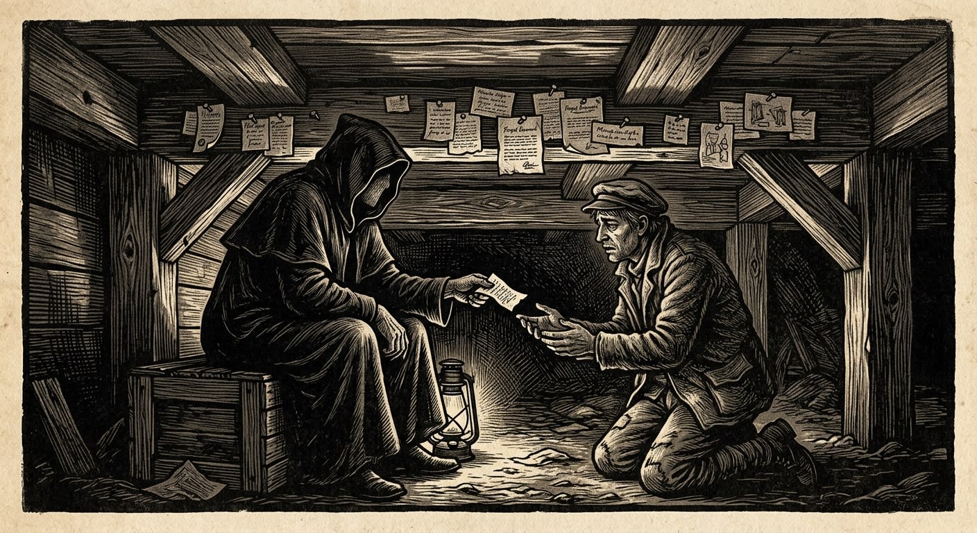 Woodcut of Old Sable in the Minute Market crawlspace beneath catwalks, a cloaked figure offering a minute-slip to a kneeling supplicant by lantern light