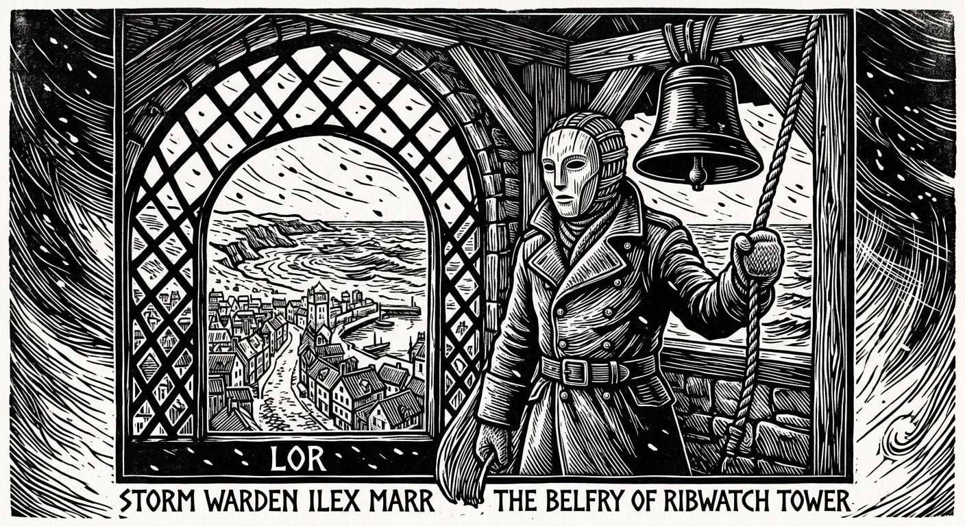 Storm Warden Ilex Marr at the Ribwatch Tower bells, wearing a full-face bone-mask, entirely expressionless