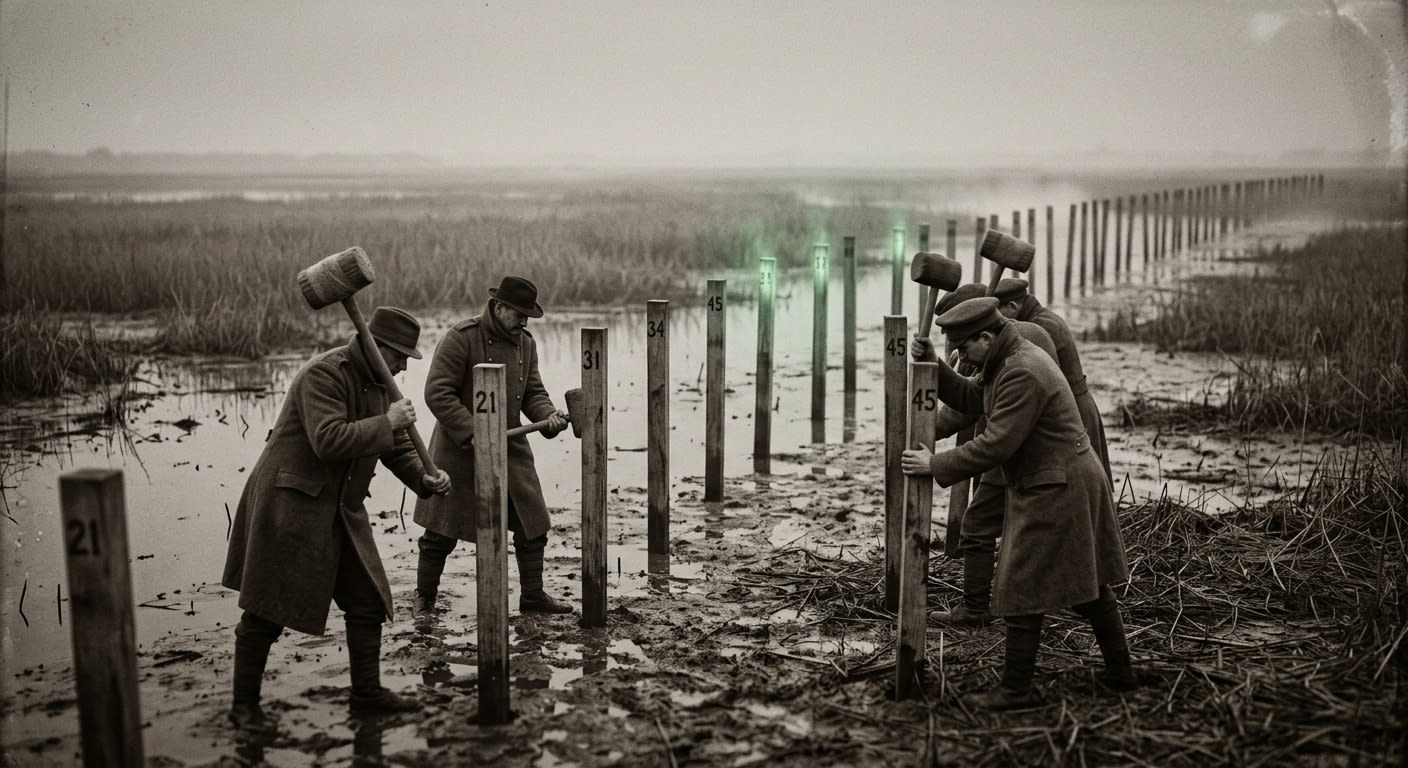 Glyphyard at dawn — glyph-stakers driving bone-lime stakes into delta mud
