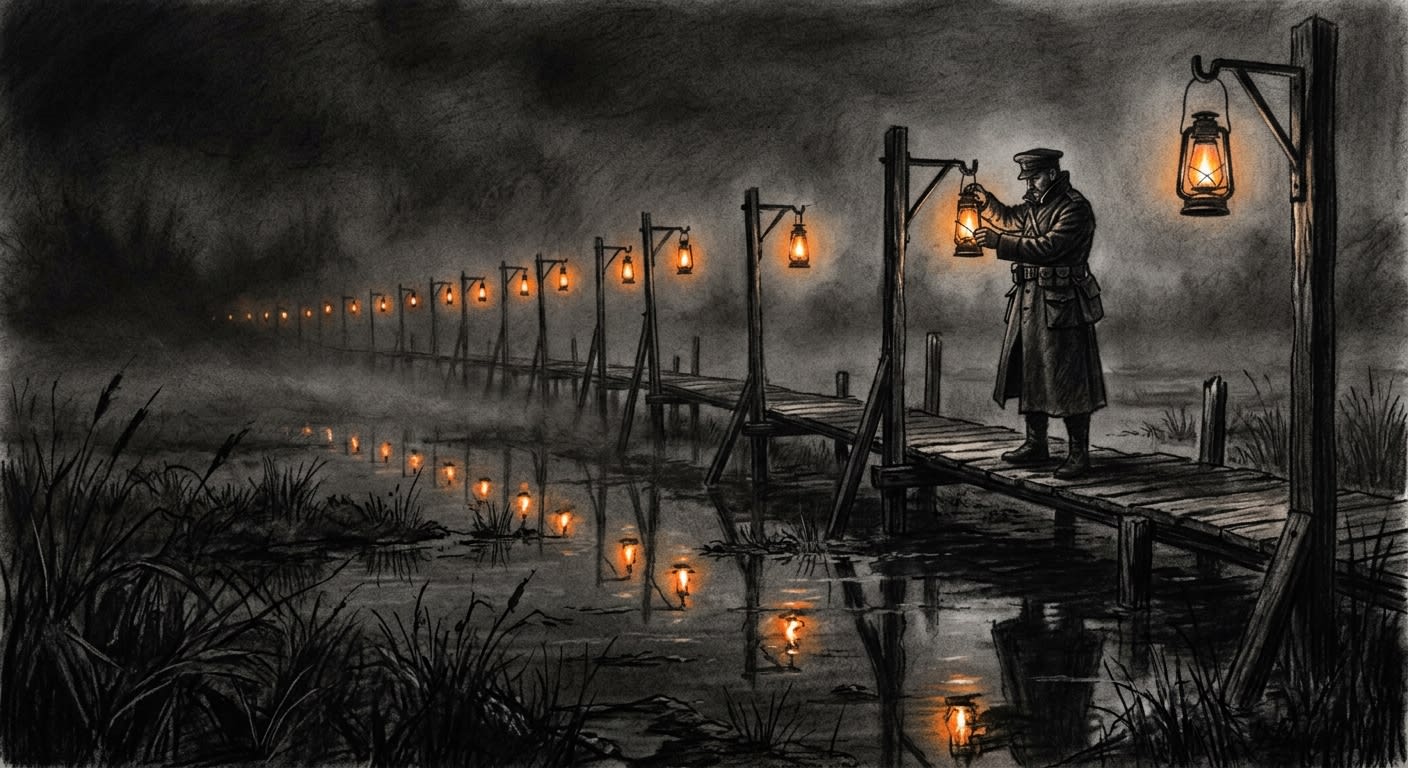 The Lantern Rackway at night — coded tallow lamps over dark marsh water
