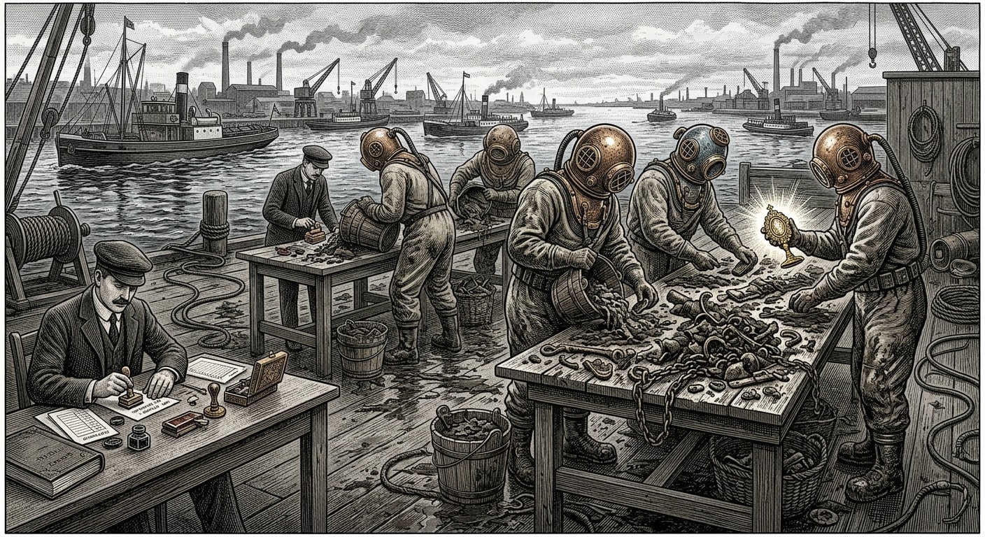 Diver's Gut sorting tables — salvage divers cataloguing relic fragments from the mud