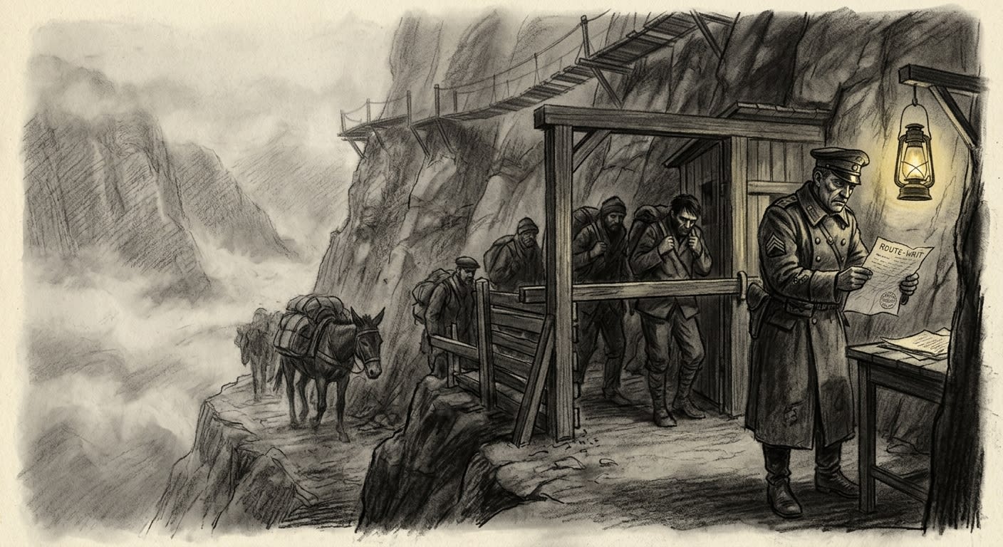 Gate Provost Nail at the Switchback Gate checkpoint, fog visible below