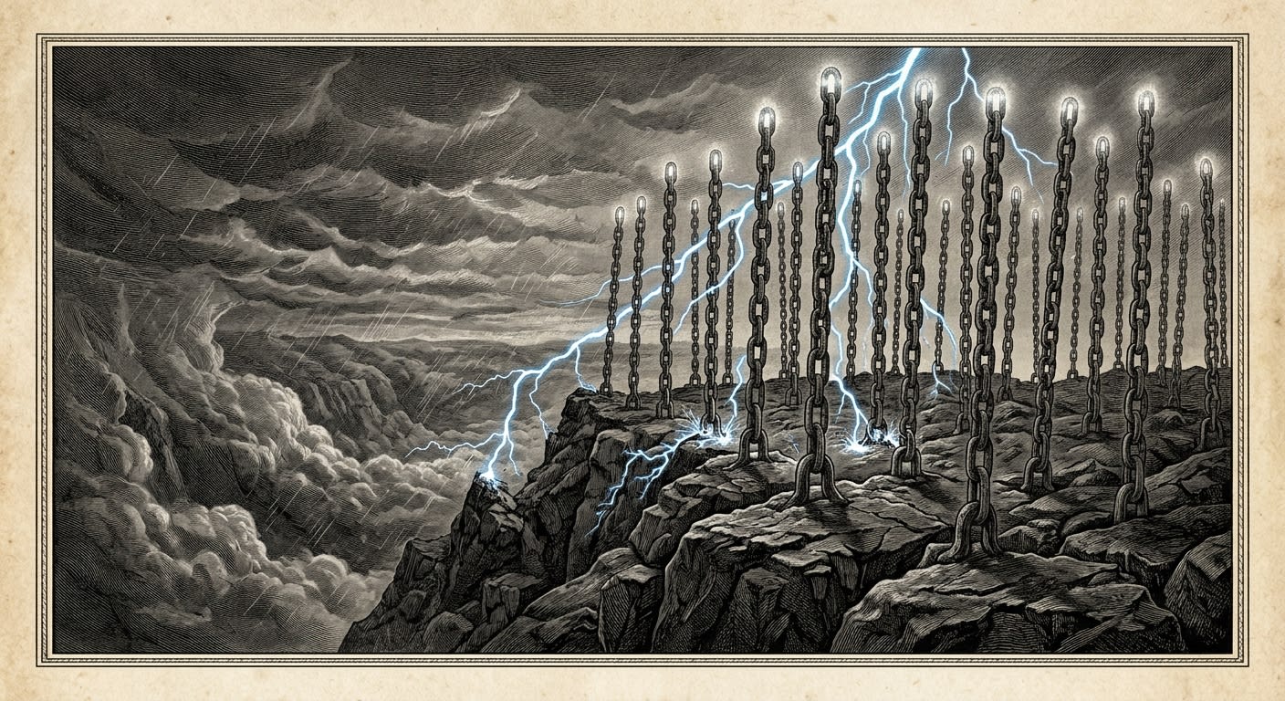The Grounding Field — iron chain-spires in basalt discharge lightning during a storm