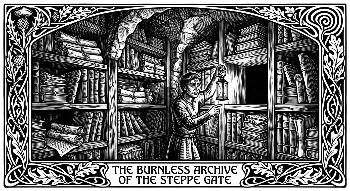 The Burnless Archive sub-vault — floor-to-ceiling stone shelves packed with perfect folios, a clerk with a lantern discovering the single empty slot where a rubbing has vanished