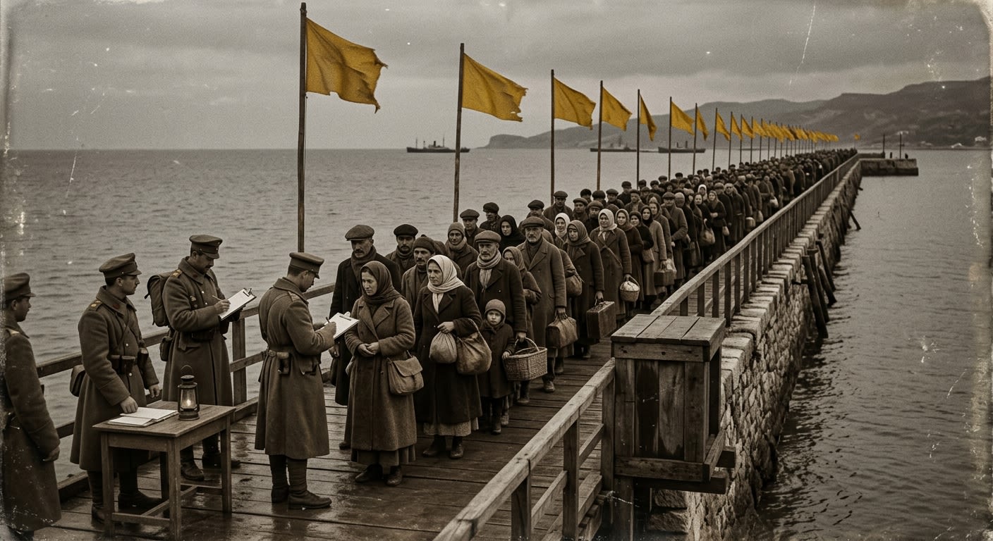 Pilgrims queuing on the Quarantine Causeway under saffron flags