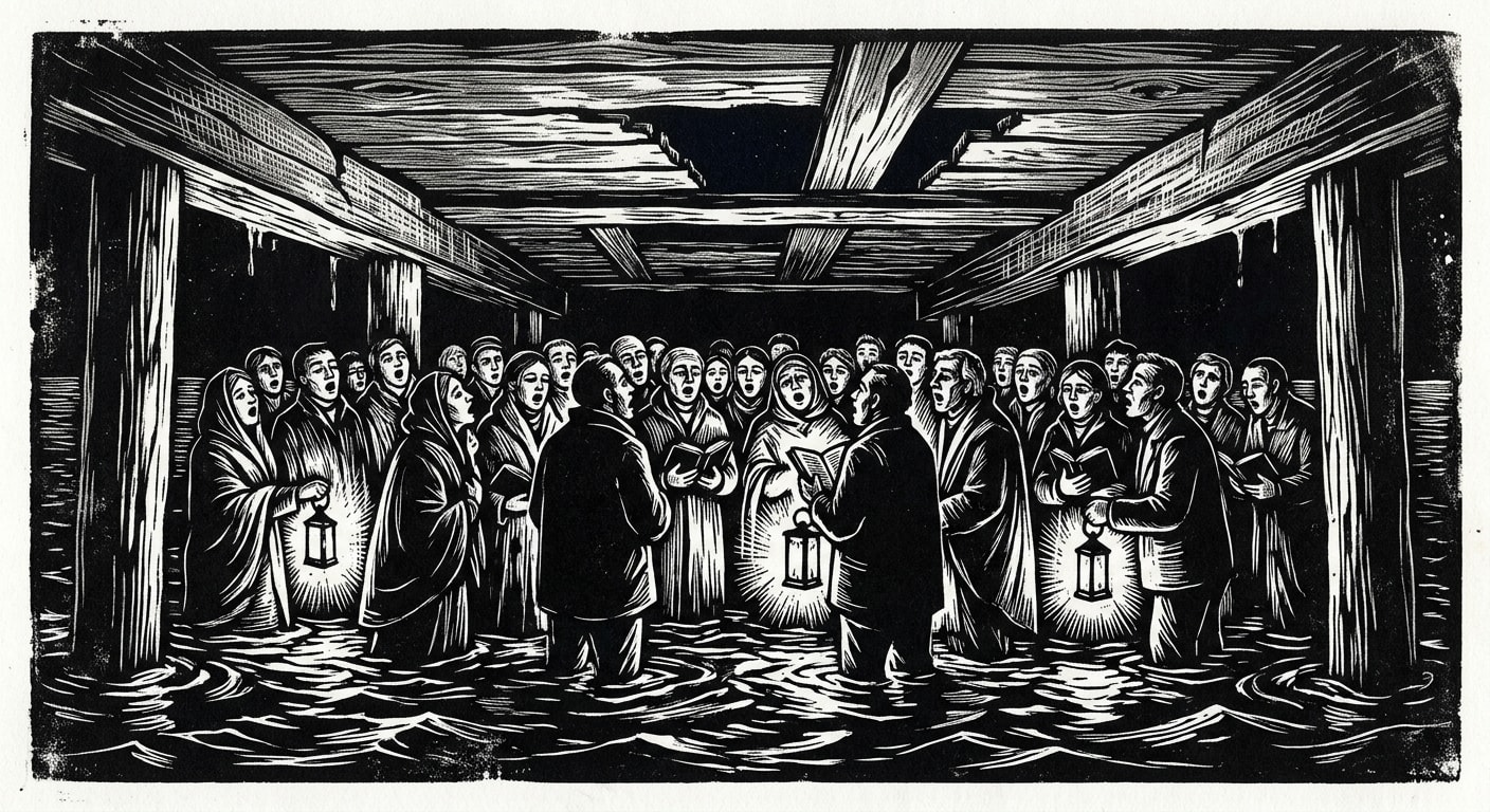 Brine Choir congregants singing beneath the piers at night
