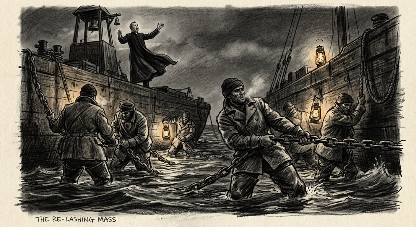 Chain crews waist-deep in black water reconnecting barges during the Re-Lashing Mass