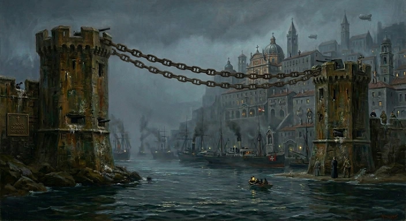 Twin Harbor-Chain Towers of Thessaloniki at dusk, Elder and Younger flanking the Aegean narrows, massive psalm-inscribed iron chains glowing over queued ships