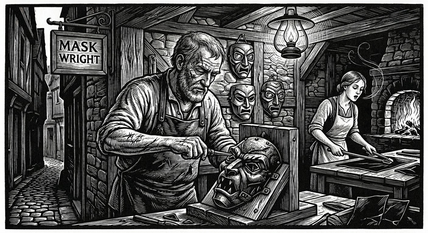 Maskwright workshop: burn-scarred craftsman pressing demon-glass shards into an iron trench mask, finished masks hanging on the wall, kiln-fire burning, apprentice singing