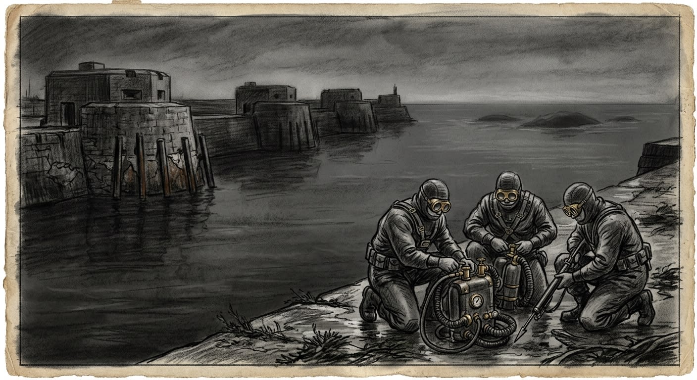 The Teeth breakwaters at dawn — four fortlets on the harbour arms, Undertide Divers preparing, dark shapes in the still water beyond