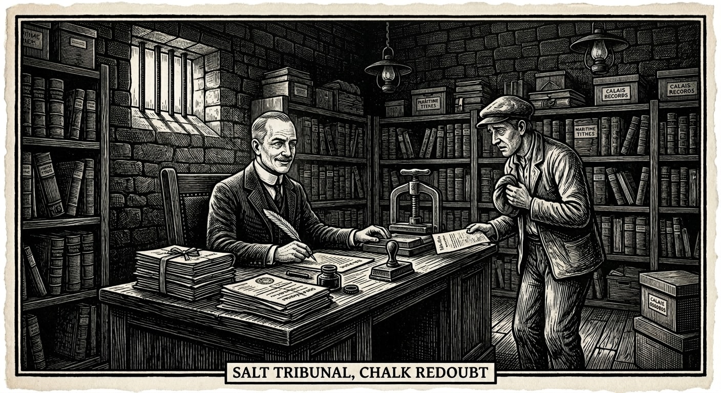 Salt Tribunal interior — Seal-Justice Corvin Hald at his desk with sea-pass documents and salt-wax seal press, a civilian petitioner before him