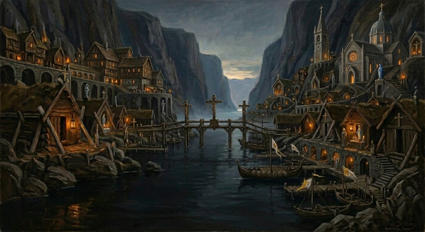The Hrafnvik fjord at night, amber seal-oil lanterns burning in bone-braced longhouses along black water between sheer cliff walls, fog thickening on the surface