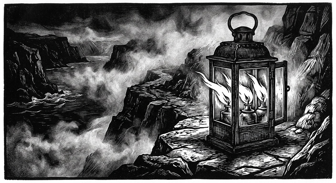 A triple-wick lantern on a cliff path at night, fog swirling around it, all three flames leaning unmistakably seaward