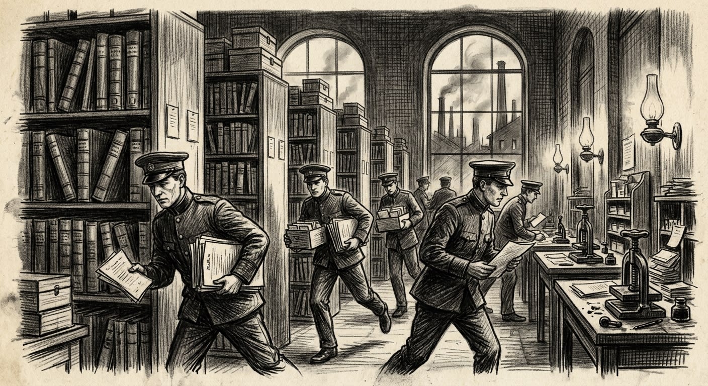 Ink-stained clerks rushing between towering ledger shelves in Ledger Row